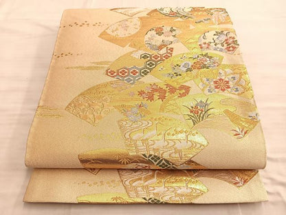 平和屋着物■六通柄袋帯　唐織　扇面取草花文　金糸　正絹　逸品　BAAO5063du