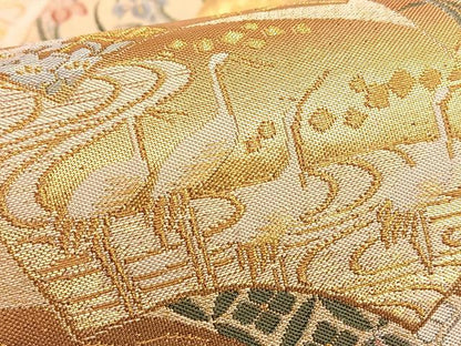 平和屋着物■六通柄袋帯　唐織　扇面取草花文　金糸　正絹　逸品　BAAO5063du