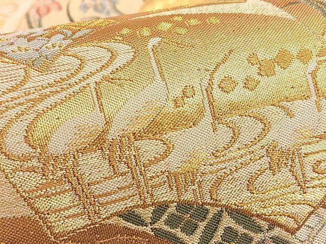 平和屋着物■六通柄袋帯　唐織　扇面取草花文　金糸　正絹　逸品　BAAO5063du