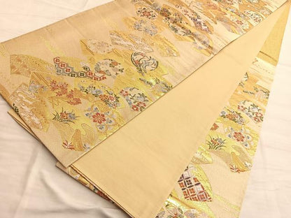 平和屋着物■六通柄袋帯　唐織　扇面取草花文　金糸　正絹　逸品　BAAO5063du
