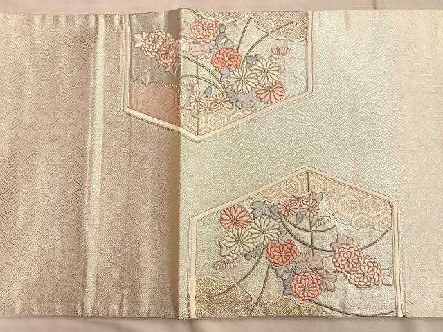 SO-469 名古屋帯 松葉仕立て 太鼓柄 正絹 八寸 華 銀駒刺繍 名古屋帯 お太鼓柄 刺繍 横縞文様 正絹 八寸 松葉仕立 YR675