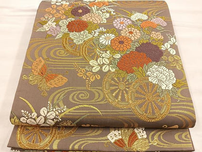 平和屋着物●六通柄袋帯 唐織 流水花車舞蝶文 金糸 正絹 逸品 BAAO5201ea