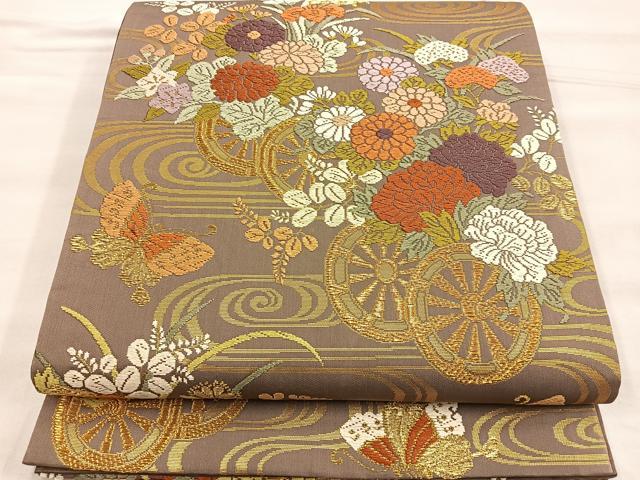 平和屋着物●六通柄袋帯 唐織 流水花車舞蝶文 金糸 正絹 逸品 BAAO5201ea