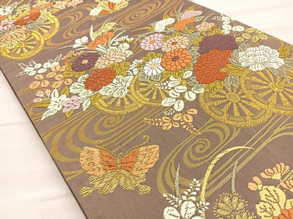 平和屋着物●六通柄袋帯 唐織 流水花車舞蝶文 金糸 正絹 逸品 BAAO5201ea