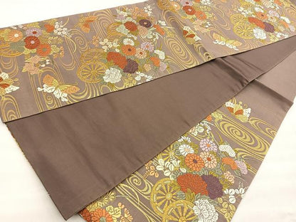 平和屋着物●六通柄袋帯 唐織 流水花車舞蝶文 金糸 正絹 逸品 BAAO5201ea