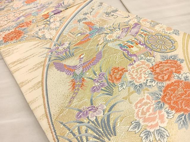 平和屋着物◎六通柄袋帯 唐織 扇面花鳥文 金糸 正絹 逸品 BAAO5299ea