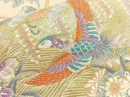 平和屋着物◎六通柄袋帯 唐織 扇面花鳥文 金糸 正絹 逸品 BAAO5299ea