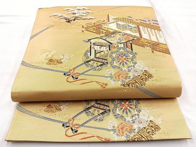 平和屋着物◎六通柄袋帯 淡全九百錦 御殿御所車 金糸 正絹 逸品 BAAO6351cm