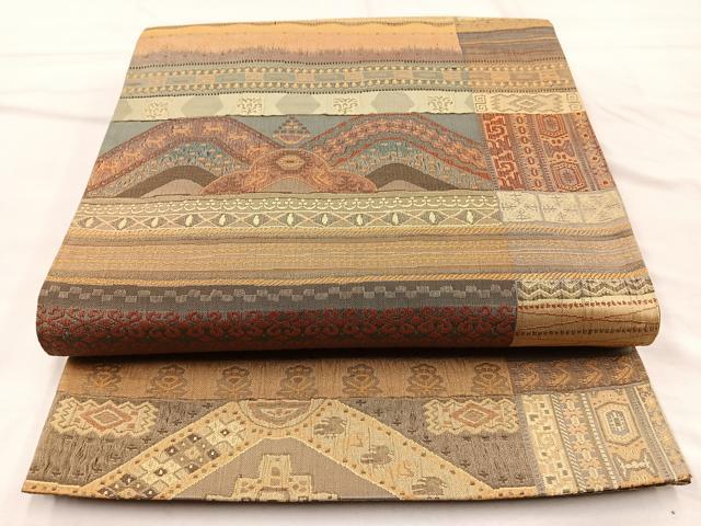 平和屋着物◎六通柄袋帯 ふくれ織 横段コプト文 正絹 逸品 BAAO6357cm