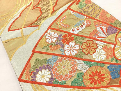 平和屋着物◎六通柄袋帯 唐織 扇面花蝶文 金銀糸 正絹 逸品 BAAO6359cm