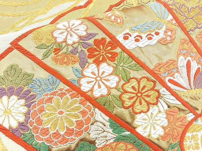 平和屋着物◎六通柄袋帯 唐織 扇面花蝶文 金銀糸 正絹 逸品 BAAO6359cm