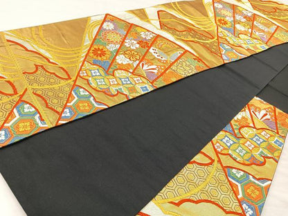 平和屋着物◎六通柄袋帯 唐織 扇面花蝶文 金銀糸 正絹 逸品 BAAO6359cm