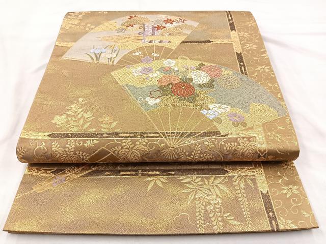 平和屋着物◎六通柄袋帯 唐織 扇面草花文 金糸 正絹 逸品 BAAO6367cm