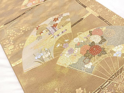 平和屋着物◎六通柄袋帯 唐織 扇面草花文 金糸 正絹 逸品 BAAO6367cm
