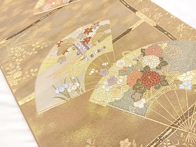 平和屋着物◎六通柄袋帯 唐織 扇面草花文 金糸 正絹 逸品 BAAO6367cm