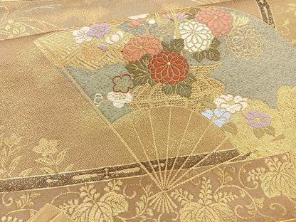平和屋着物◎六通柄袋帯 唐織 扇面草花文 金糸 正絹 逸品 BAAO6367cm