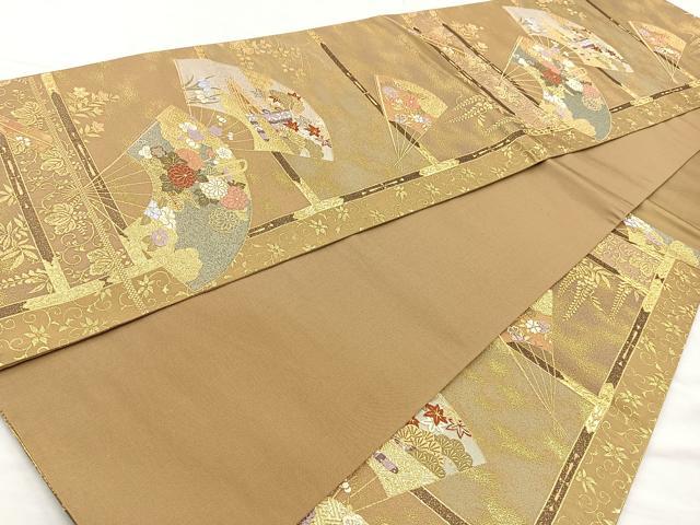 平和屋着物◎六通柄袋帯 唐織 扇面草花文 金糸 正絹 逸品 BAAO6367cm