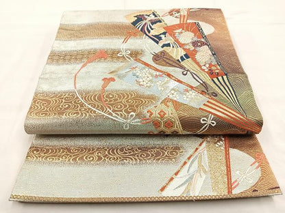 平和屋着物◎六通柄袋帯 唐織 献上 扇面小袖紋 金銀糸 正絹 逸品 BAAO6371cm