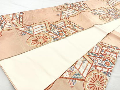 平和屋着物◎六通柄袋帯 唐織 御所車文 金糸 正絹 逸品 BAAO6373cm