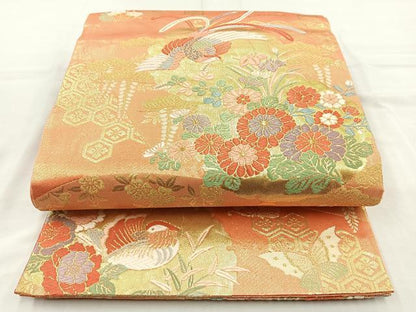 平和屋着物◎佐賀錦 六通柄袋帯 唐織 花鳥文 金糸 正絹 逸品 BAAO6381cm