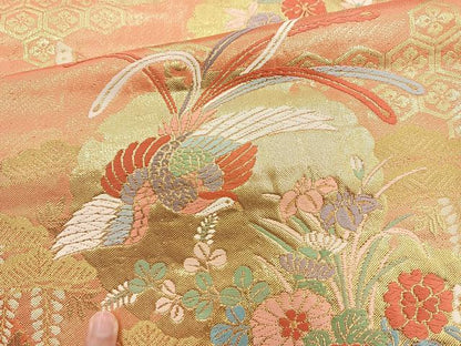 平和屋着物◎佐賀錦 六通柄袋帯 唐織 花鳥文 金糸 正絹 逸品 BAAO6381cm