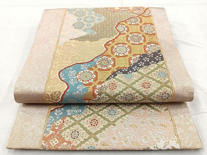 平和屋着物◎六通柄袋帯 唐織 名物献上文 金糸 正絹 逸品 BAAO6389cm