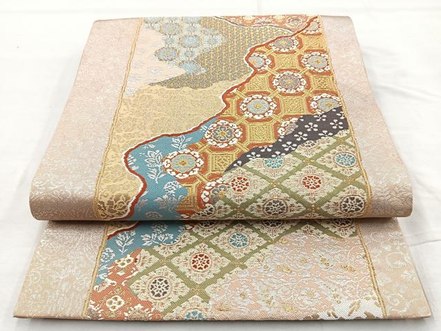 平和屋着物◎六通柄袋帯 唐織 名物献上文 金糸 正絹 逸品 BAAO6389cm