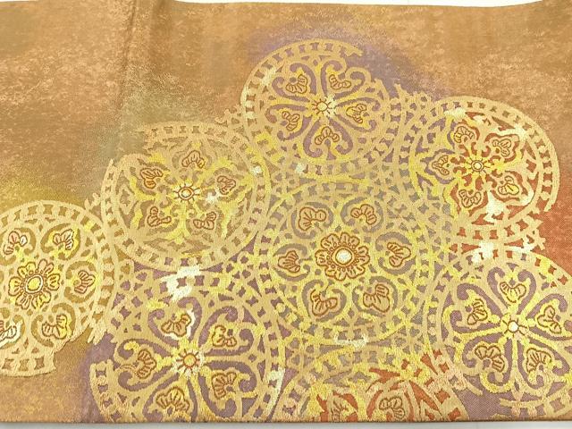 平和屋着物◎六通太鼓柄袋帯 正倉院花文 金糸 正絹 逸品 BAAO6394cm