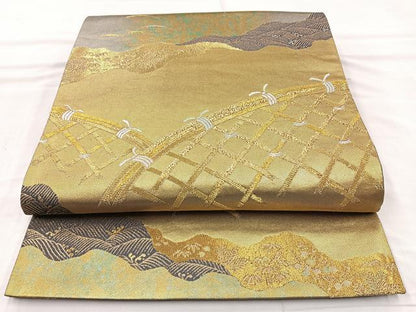 平和屋着物◎六通柄袋帯 唐織 間垣文 金糸 引箔 正絹 逸品 BAAO6403cm