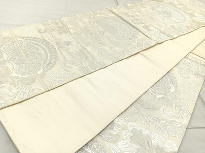平和屋着物◎六通柄袋帯 更紗花文 銀糸 正絹 逸品 BAAO6426cm