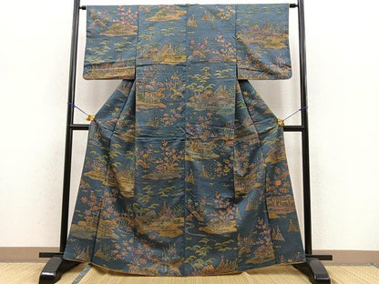 平和屋着物●付下げ　作家物　紬地　風景文　正絹　逸品　BAAO7991ph
