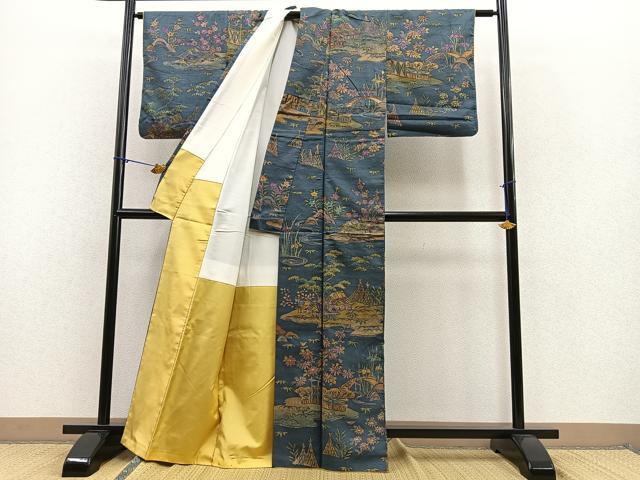 平和屋着物●付下げ　作家物　紬地　風景文　正絹　逸品　BAAO7991ph
