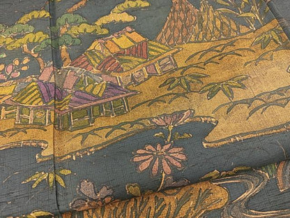 平和屋着物●付下げ　作家物　紬地　風景文　正絹　逸品　BAAO7991ph
