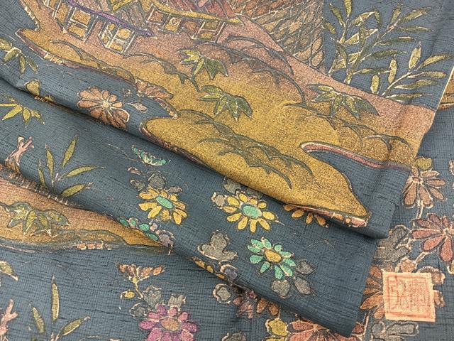 平和屋着物●付下げ　作家物　紬地　風景文　正絹　逸品　BAAO7991ph