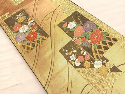平和屋着物■六通柄袋帯 短冊有職草花文 黒地 金糸 正絹 逸品 BAAO8406du