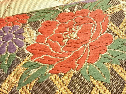 平和屋着物■六通柄袋帯 短冊有職草花文 黒地 金糸 正絹 逸品 BAAO8406du