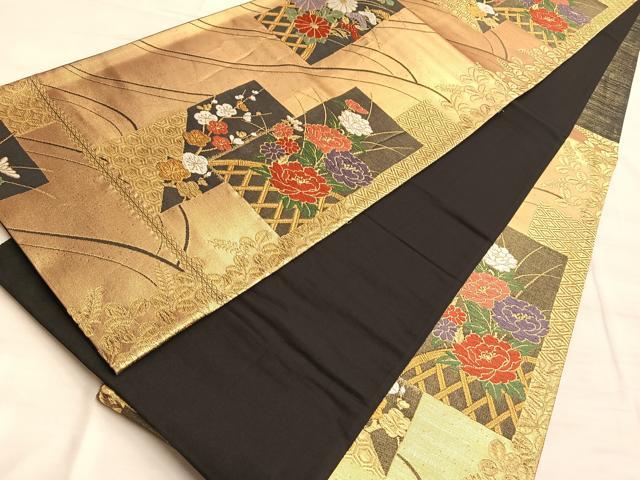 平和屋着物■六通柄袋帯 短冊有職草花文 黒地 金糸 正絹 逸品 BAAO8406du