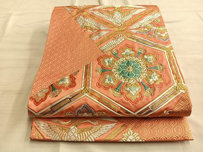 平和屋着物◎六通柄袋帯 唐織 双鶴有職切嵌文様 金銀糸 正絹 逸品 BAAO8518du