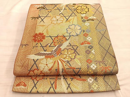 平和屋着物◎六通柄袋帯 唐織 鳳凰桜散らし 金糸 正絹 逸品 BAAO8524du