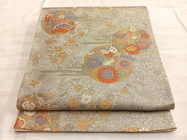 平和屋着物◎六通柄袋帯　唐織　舞蝶花丸文　金糸　正絹　逸品　BAAO8543du