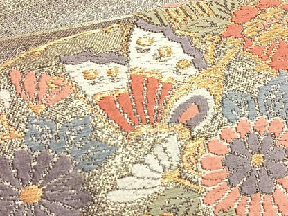 平和屋着物◎六通柄袋帯　唐織　舞蝶花丸文　金糸　正絹　逸品　BAAO8543du