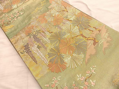 平和屋着物◎六通柄袋帯 唐織 枝松文 金糸 正絹 逸品 BAAO8553du