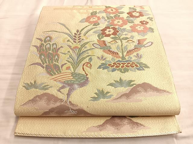平和屋着物◎太鼓柄袋帯 向かい鳥花文 金糸 正絹 逸品 BAAO8559du