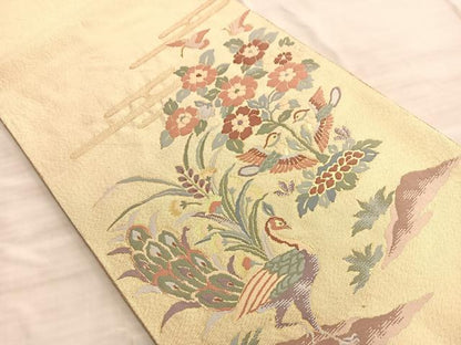 平和屋着物◎太鼓柄袋帯 向かい鳥花文 金糸 正絹 逸品 BAAO8559du