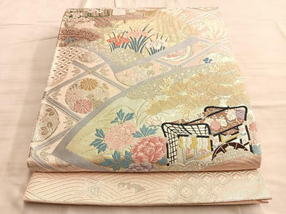 平和屋着物◎六通柄袋帯 唐織 天井絵扇面文 二重箔 正絹 逸品 BAAO8583du