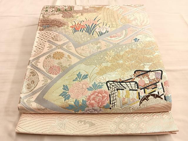 平和屋着物◎六通柄袋帯 唐織 天井絵扇面文 二重箔 正絹 逸品 BAAO8583du
