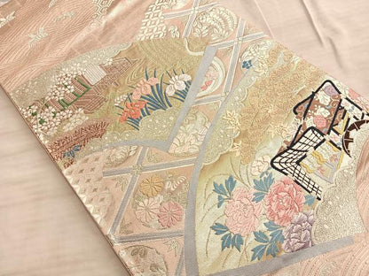 平和屋着物◎六通柄袋帯 唐織 天井絵扇面文 二重箔 正絹 逸品 BAAO8583du