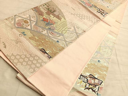 平和屋着物◎六通柄袋帯 唐織 天井絵扇面文 二重箔 正絹 逸品 BAAO8583du