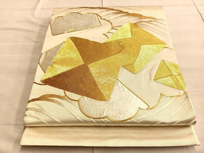 平和屋着物●太鼓柄袋帯　総刺繍　駒刺繍　流水雲取り文様　金糸　正絹　逸品　BAAO8968du
