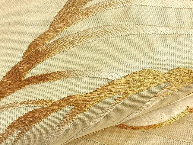 平和屋着物●太鼓柄袋帯　総刺繍　駒刺繍　流水雲取り文様　金糸　正絹　逸品　BAAO8968du